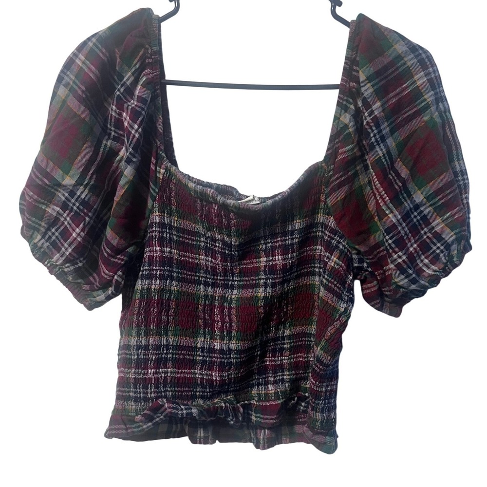 American Eagle Plaid Smocked Top Womens L Red Puff Sleeve